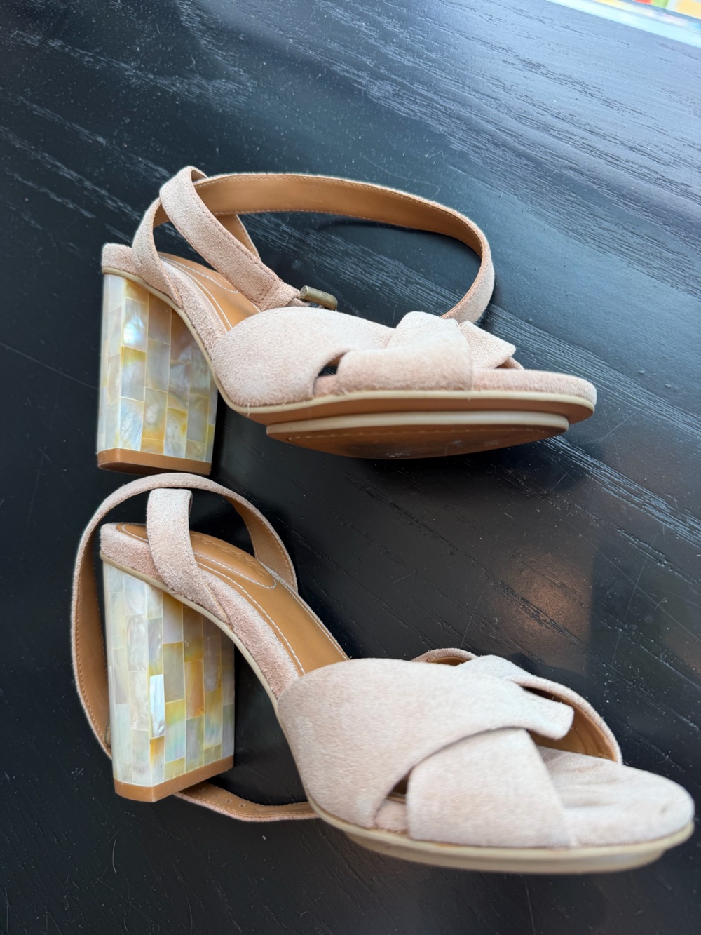 See by Chloé Baby Pink Suede Mosaic Tile Block Heel Sandals, 36.5 👡